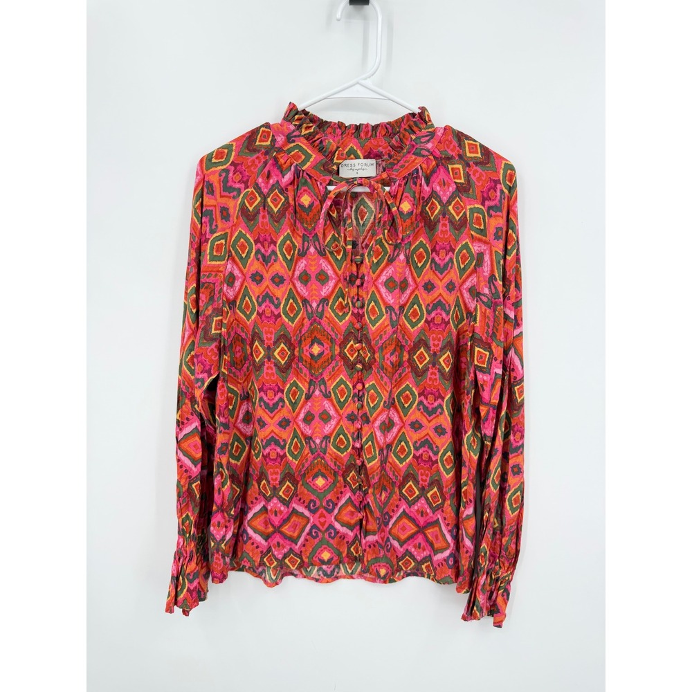 Dress Forum Ikat Print Blouse Womens Size S Pink Orange Ruffle Tie Neck FT9868